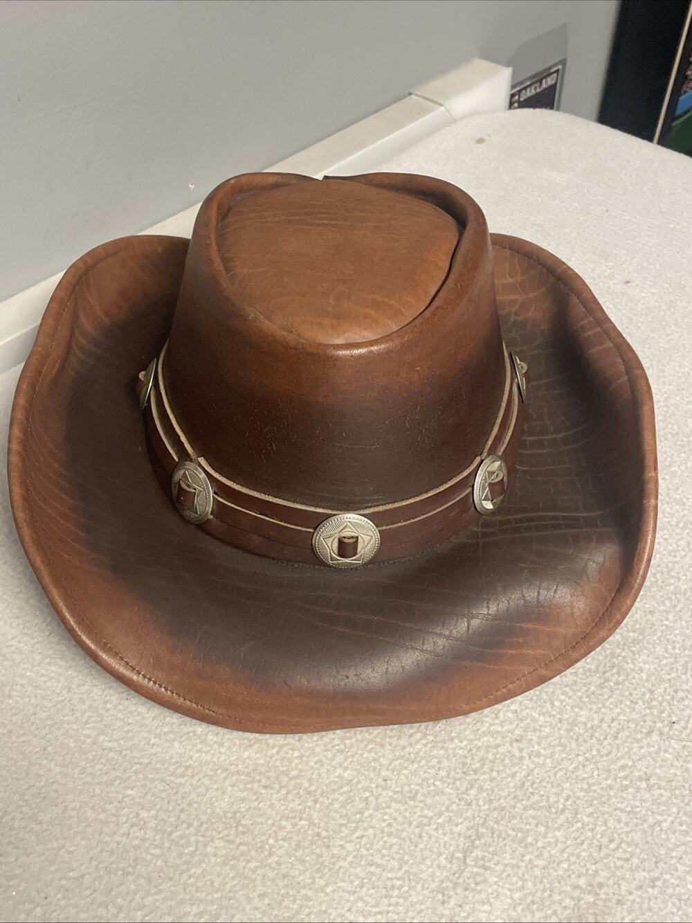 Vintage Mexico Leather Cowboy Hat w/ Silver Concho Band Brown Size M